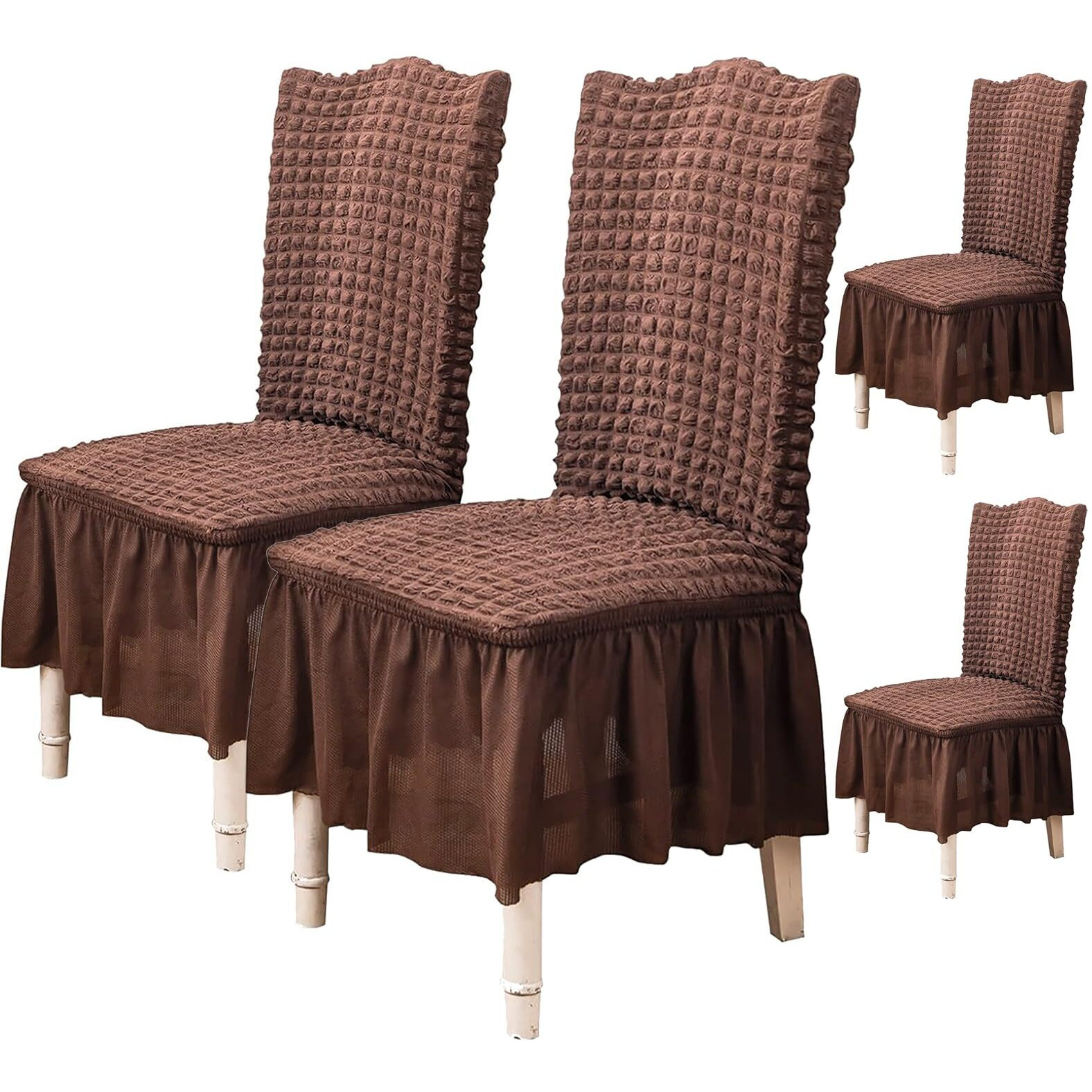House Of Quirk Polyester Turkish Bubble Frill Chair Cover Stretch Removable Washable Short Dining Chair Cover Protector Seat Slipcover (Coffee, Pack Of 4)