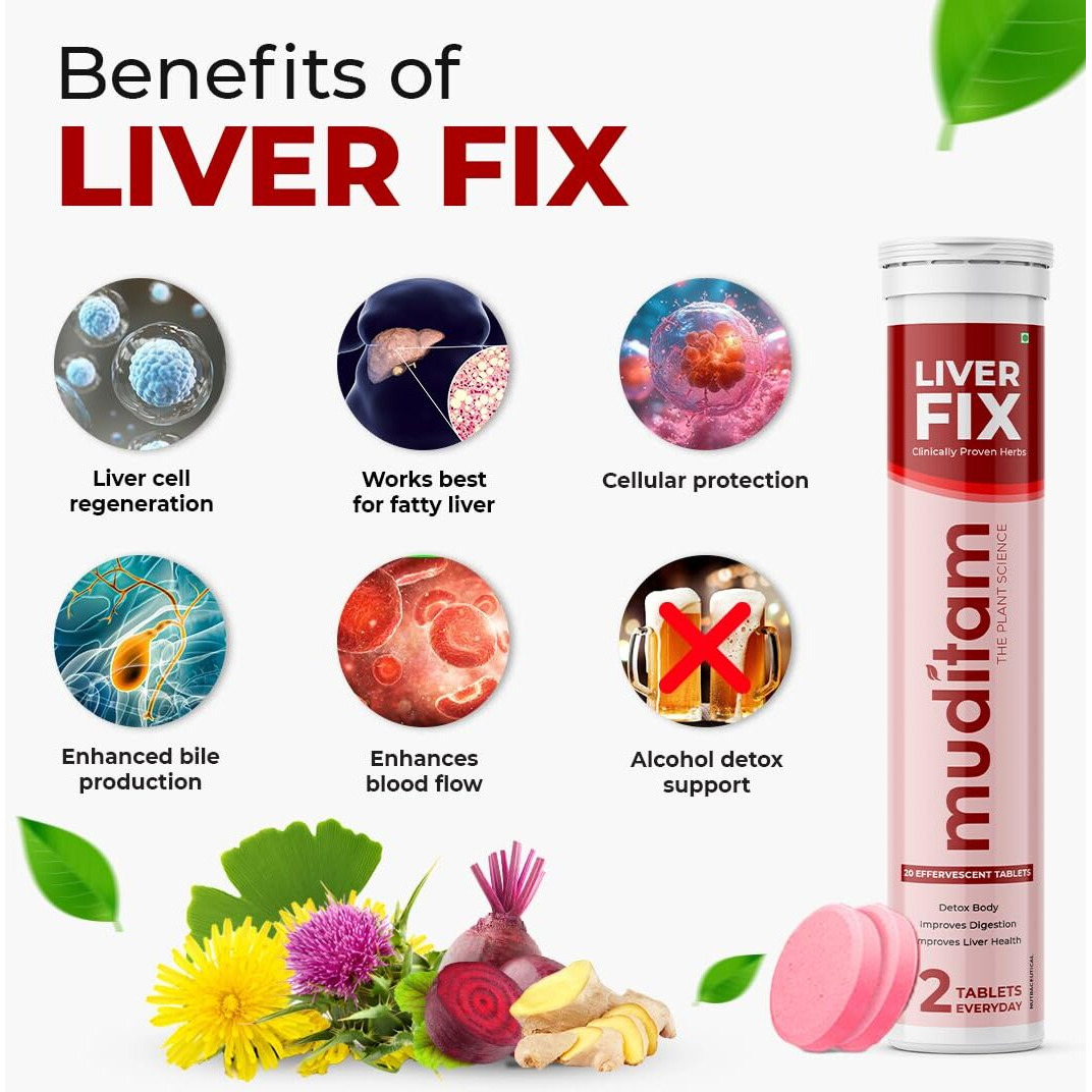Muditam Ayurveda Liver Fix Effervescent Tablet | Liver Detox Ayurvedic | Milk Thistle Capsules For Liver In Effervescent Form | Helps In Fatty Liver | Ideal For 20 Days - 40 Tablets