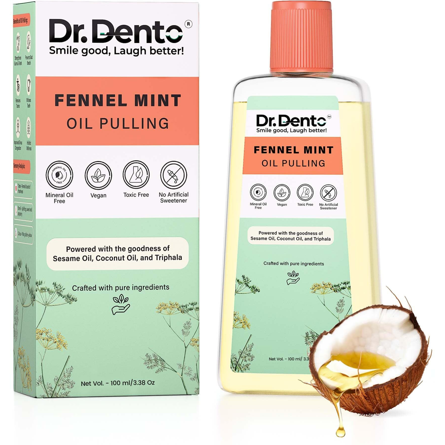 Dr.Dento Fennel Mint Oil Pulling | Ayurvedic Oral Care | All-Natural Coconut Oil Blend For Fresh Breath & Detox | Healthy Teeth & Gums (100 Ml)