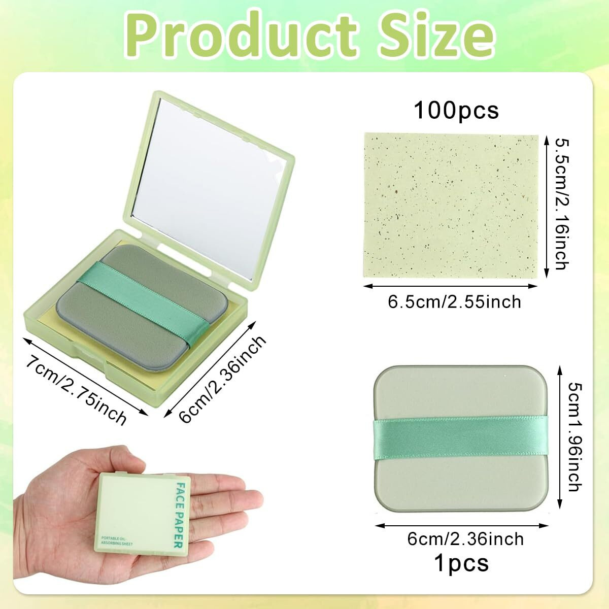 Maycreate 100Pcs Face Blotting Paper For Oily Skin, Oil Blotting Sheets For Face, Natural Linen Oil Paper For Face, Blotting Paper For Makeup, Built-In Mirror & Powder Puff For Women Men (Green Tea)