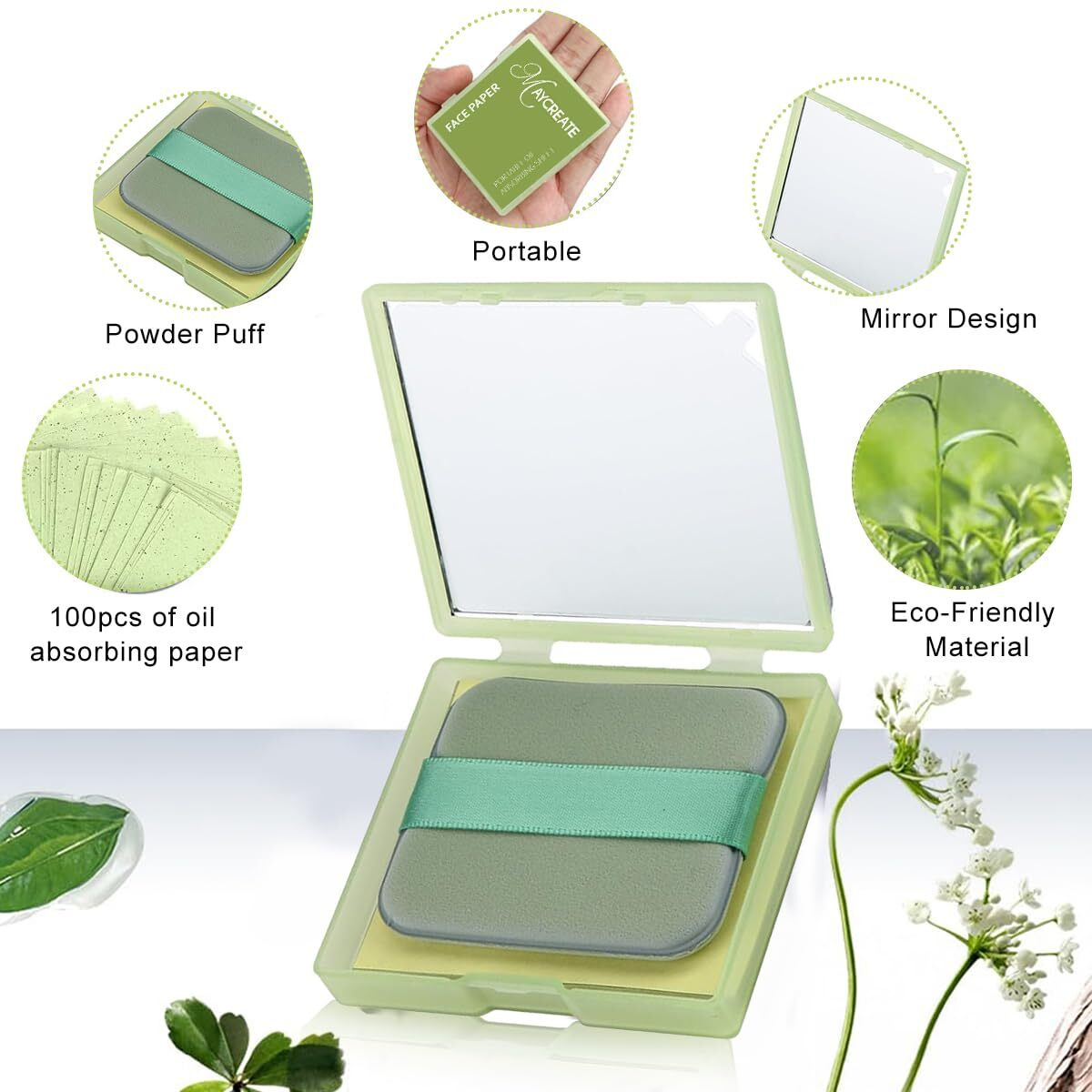 Maycreate 100Pcs Face Blotting Paper For Oily Skin, Oil Blotting Sheets For Face, Natural Linen Oil Paper For Face, Blotting Paper For Makeup, Built-In Mirror & Powder Puff For Women Men (Green Tea)