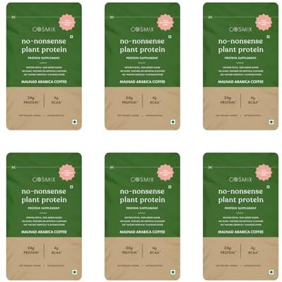 Cosmix No-Nonsense Plant Protein | 24G Protein/Serve | Malnad Arabica Coffee | Organic Pea & Rice Isolate | Vegan Protein | Easy To Digest | All Essential Amino Acids - 38G (Pack Of 6 Sachets)
