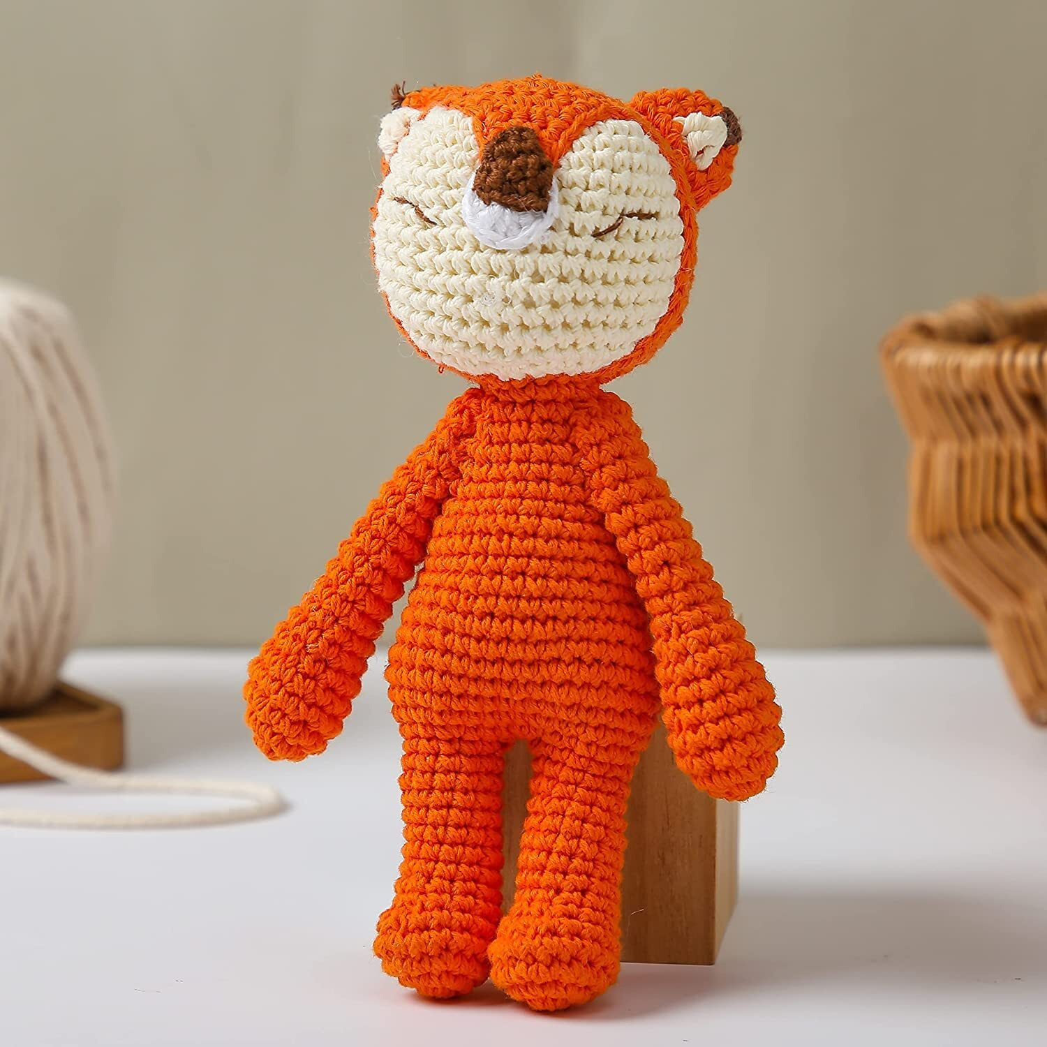 Sycamore East Wooden Baby Fox Rattle & Crochet Doll Plush Elephant Stuffed Animals Toy For Newborn | 100% Handmade Infant Soothe Toys For Sensory And Early Grips Development Gifts