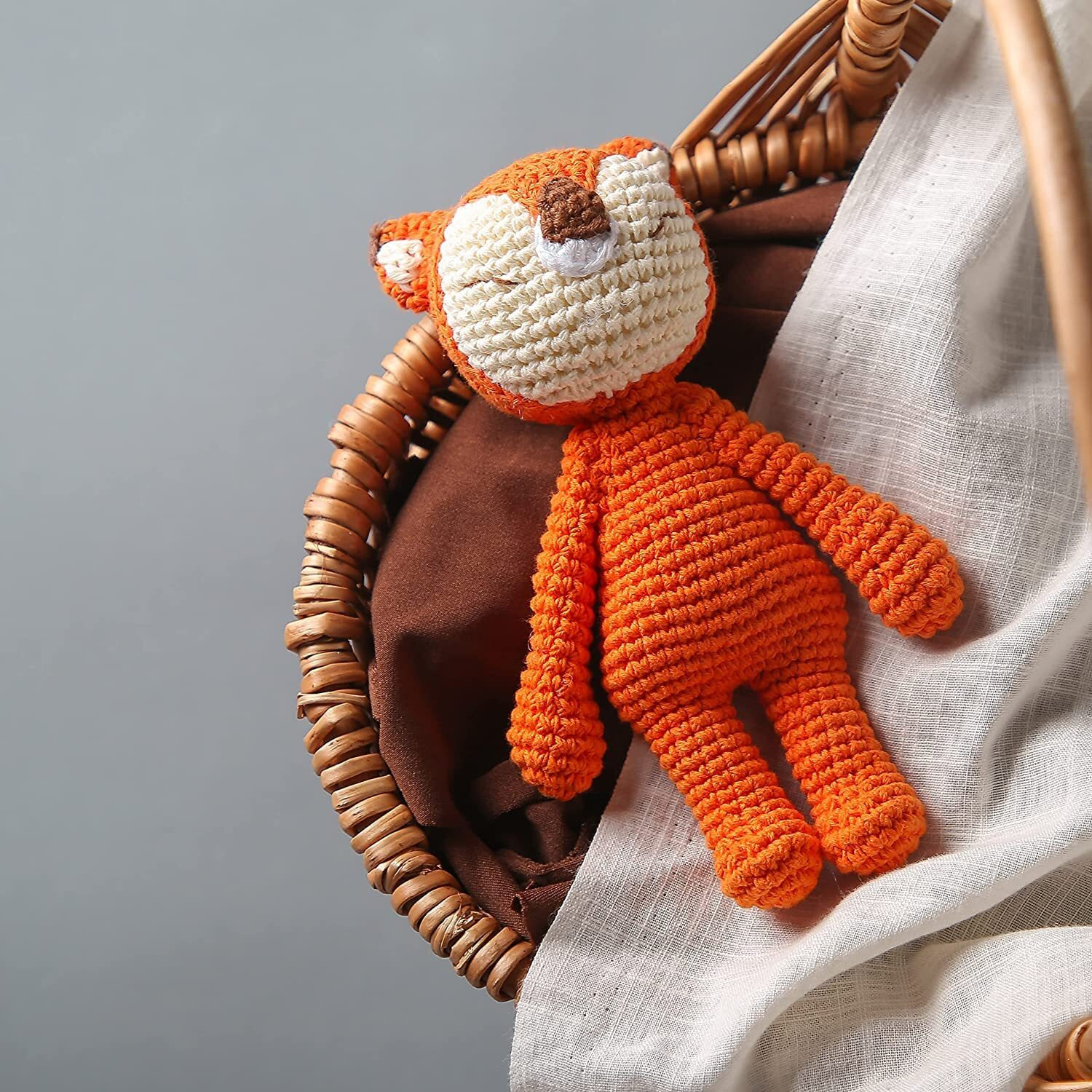 Sycamore East Wooden Baby Fox Rattle & Crochet Doll Plush Elephant Stuffed Animals Toy For Newborn | 100% Handmade Infant Soothe Toys For Sensory And Early Grips Development Gifts