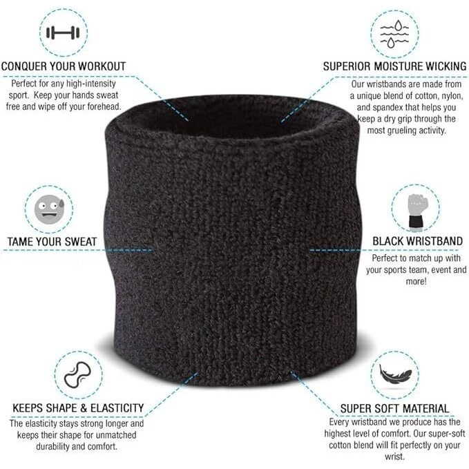 Xfyt Sports Cricket Wrist Sweat Band | High Absorbtion Terry Cotton Thick Hand Sweatbands For Gym, Workouts, Exercises Running And Cricket (1 Piece, Black)