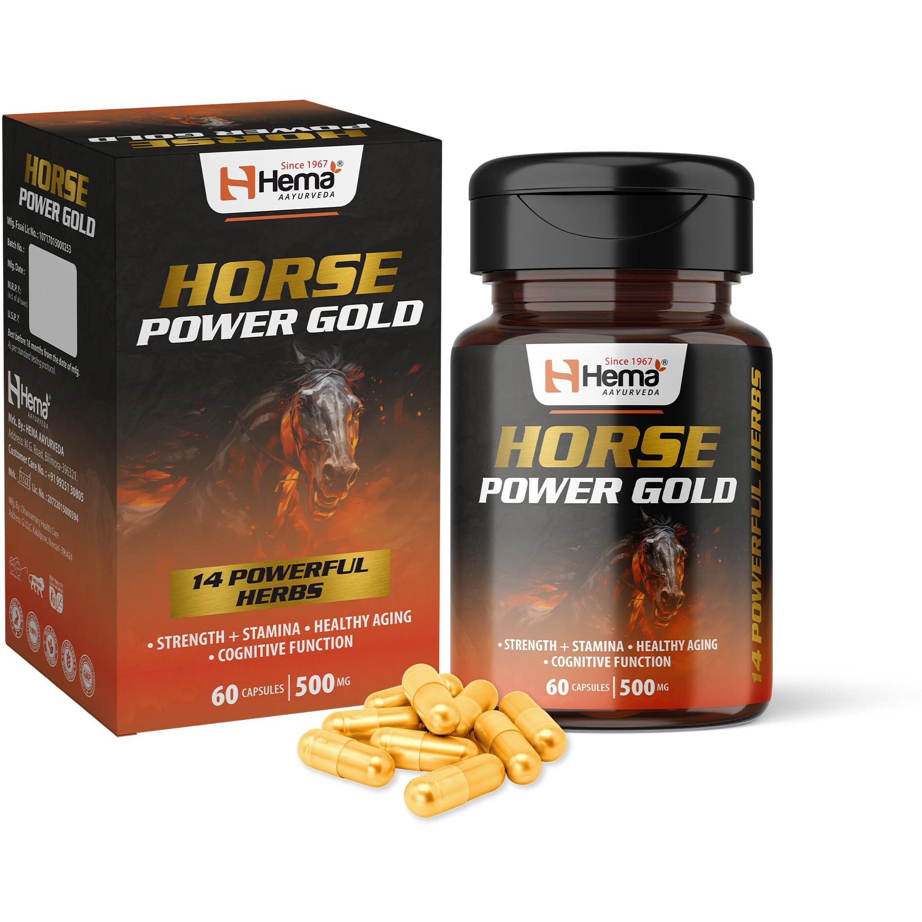 Hema Aayurveda Horse Power Gold Capsule For Men With Ashwagandha,Gokshura,Shatavri,Kauch Beej And 10+ Powerful Ayurvedic Ingridients Zero Side Effects 60 Counts Pack Of 2
