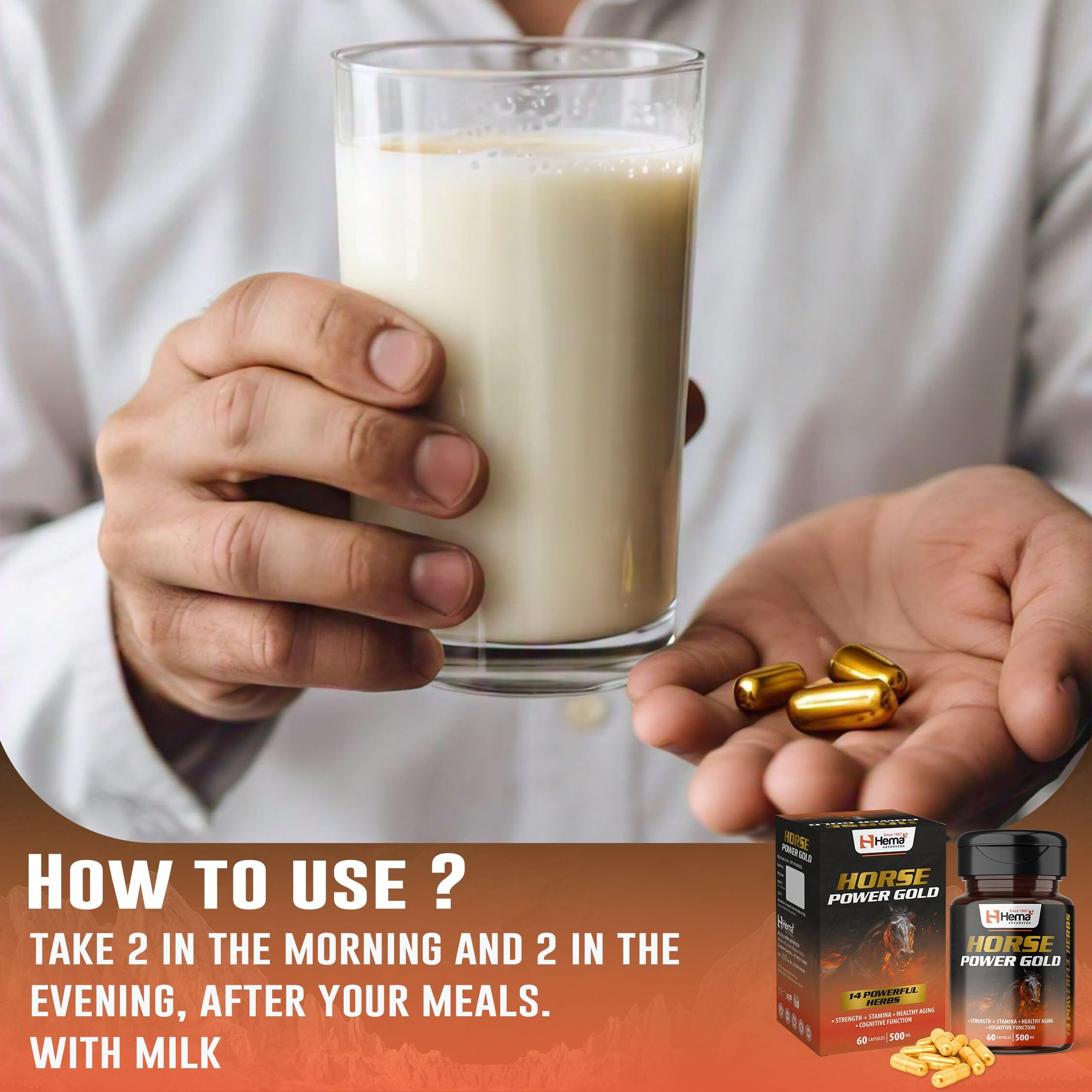 Hema Aayurveda Horse Power Gold Capsule For Men With Ashwagandha,Gokshura,Shatavri,Kauch Beej And 10+ Powerful Ayurvedic Ingridients Zero Side Effects 60 Counts Pack Of 2