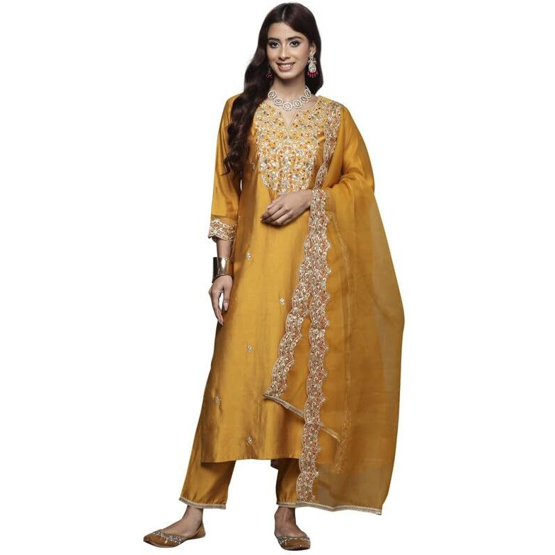 Indo Era Women's Embroidered Viscose Calf Length Straight Kurta Pant Set With Dupatta Set (Kh1Mt9425_Medium)