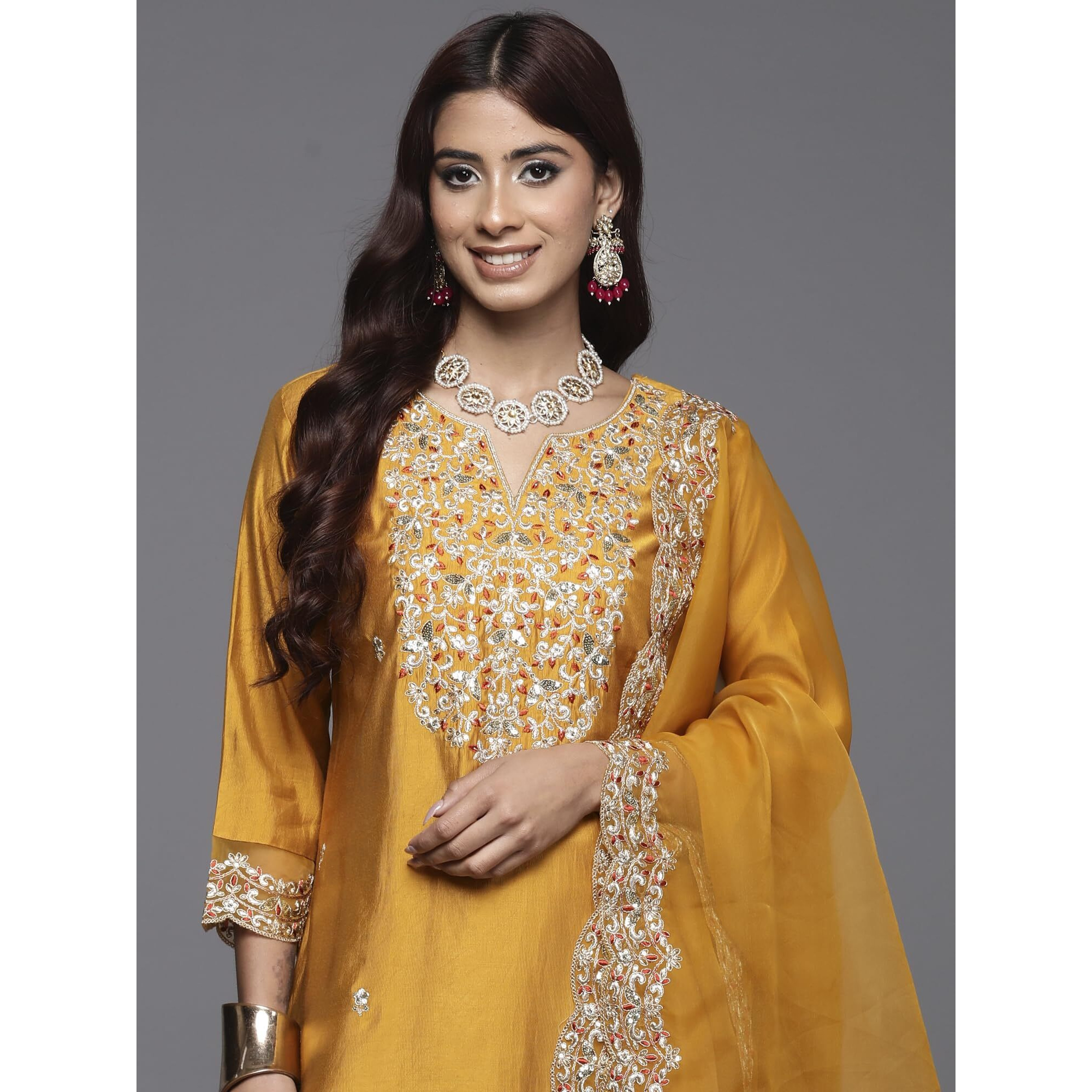 Indo Era Women's Embroidered Viscose Calf Length Straight Kurta Pant Set With Dupatta Set (Kh1Mt9425_Medium)
