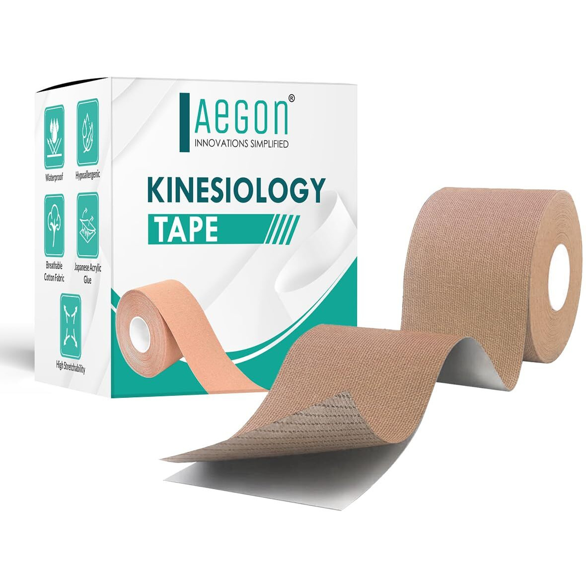 Aegon Waterproof Kinesiology Tape 5 Metres Breathable Athletic Sports Tape For Injury, Muscle Support, Pain Relief Bandage, Hand Leg Joint Support And Physiotherapy (Beige, 2.5 Cm)