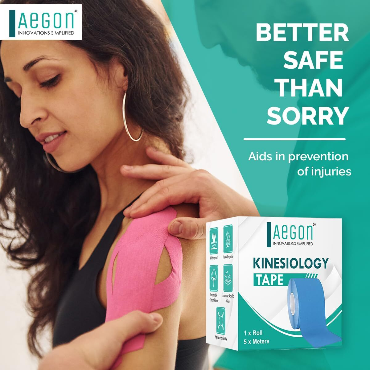 Aegon Waterproof Kinesiology Tape 5 Metres Breathable Athletic Sports Tape For Injury, Muscle Support, Pain Relief Bandage, Hand Leg Joint Support And Physiotherapy (Beige, 2.5 Cm)