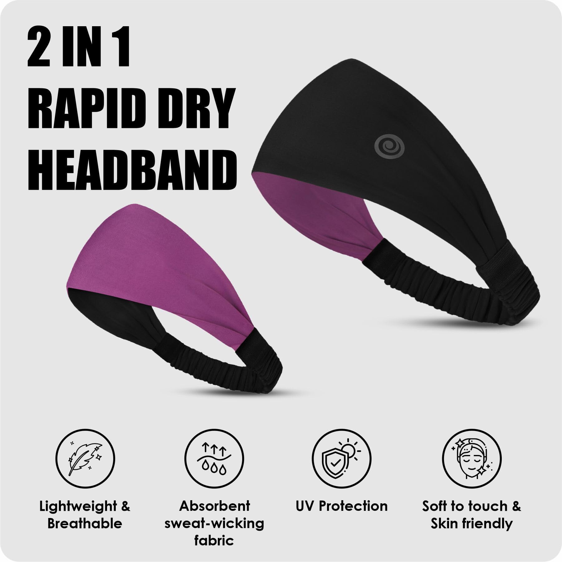 Athmonk Lycra Multipurpose Reversible Headband For Men Women, Colorful Stylish Sweatband Quick Dry Manage Long Hair Wide Snug Fit Elastic For Sports, Running, Gym, Cricket, Badminton, Black