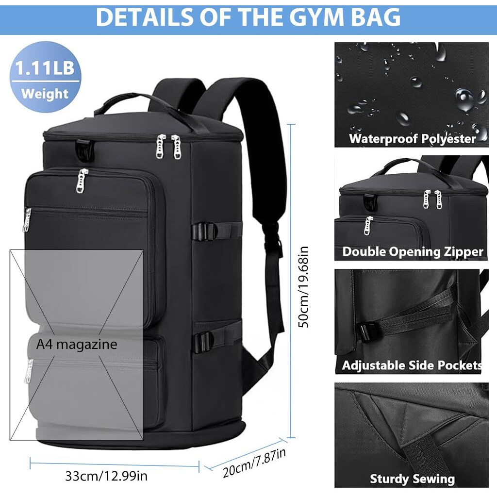 Gustave 40L Gym Bag, Waterproof Fitness Duffel Backpack With Shoe Compartment, Yoga Mat Strap, Travel Luggage Bag For Workout, Sports, Hiking, Camping, Nylon Lightweight & Durable With Shoulder Strap