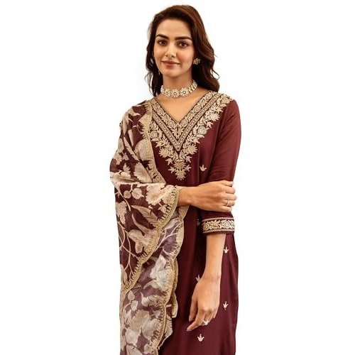 Indo Era Women's Embroidered Viscose Rayon Calf Length Straight Salwar Suit With Dupatta Set (Kh5Wn6149_X-Large)