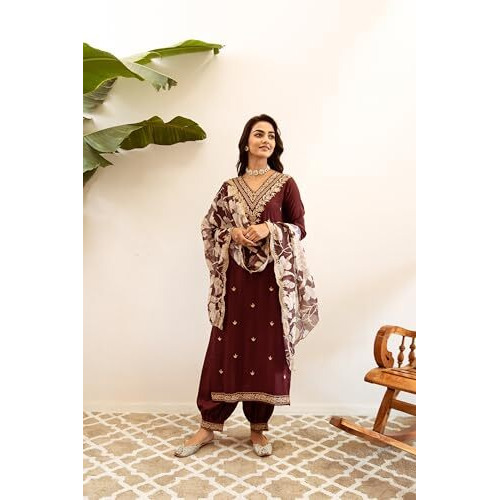 Indo Era Women's Embroidered Viscose Rayon Calf Length Straight Salwar Suit With Dupatta Set (Kh5Wn6149_X-Large)
