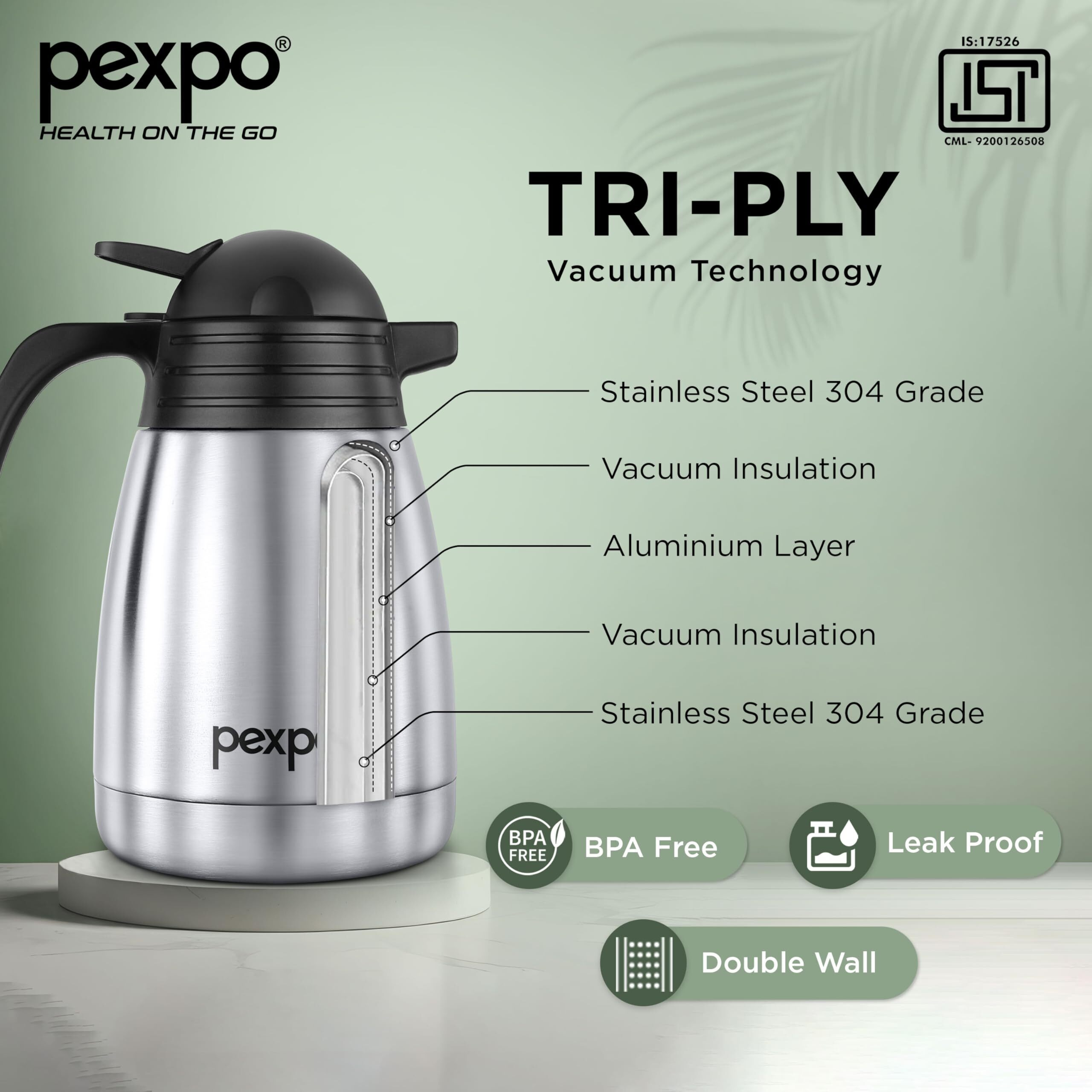 Pexpo Cosmo Stainless Steel Thermal Carafe |1000Ml,Silver | Double Walled Vacuum Insualted With Lid - Coffee/Tea Carafe Heat & Cold Retention