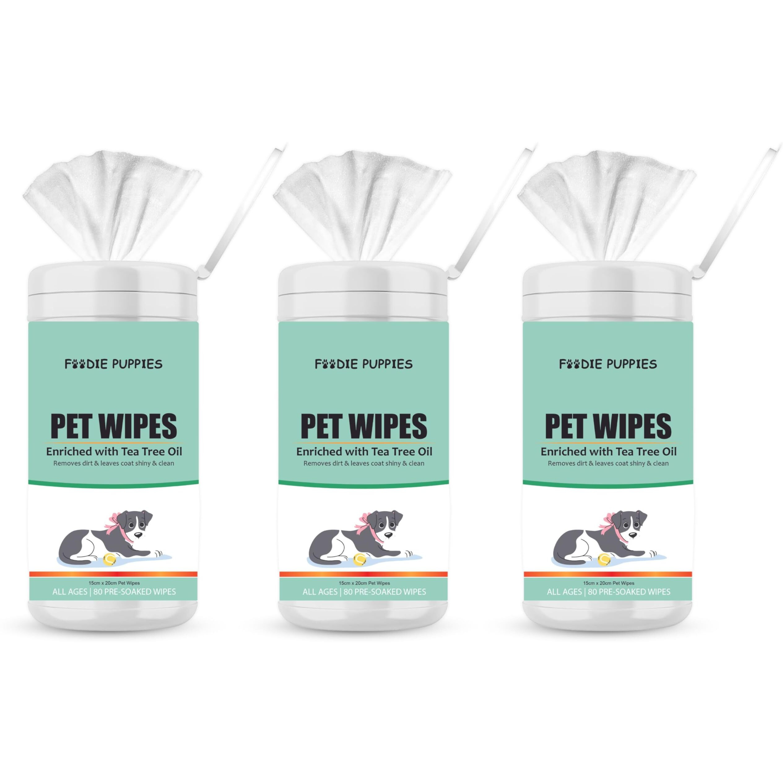 Foodie Puppies Anti-Bacteria 240 Pulls Pet Wet Canister Wipes - 80 Wipes (Pack Of 3) | Lemon & Green Tea Wipes For Dogs, Puppies, Cats, Kittens & Small Animals | Sls Free, Paraben Free & Cruelty Free