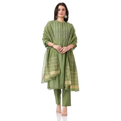 Amazon Brand - Myx Women's Embroidered Kurta Pant Set With Dupatta (Ss25-Myx-Ven-Ks-09_Green_Xl)