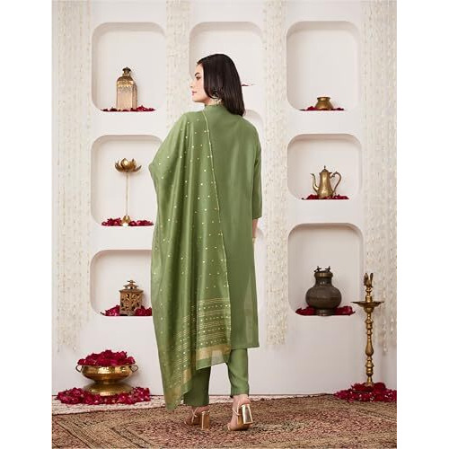 Amazon Brand - Myx Women's Embroidered Kurta Pant Set With Dupatta (Ss25-Myx-Ven-Ks-09_Green_Xl)