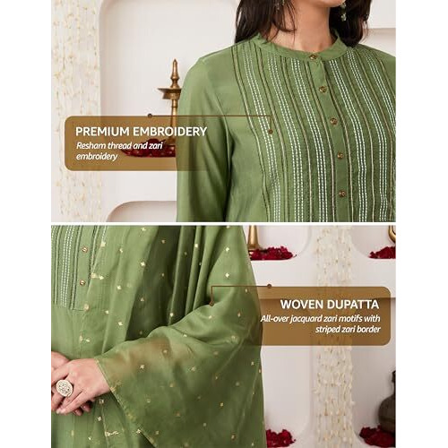 Amazon Brand - Myx Women's Embroidered Kurta Pant Set With Dupatta (Ss25-Myx-Ven-Ks-09_Green_Xl)