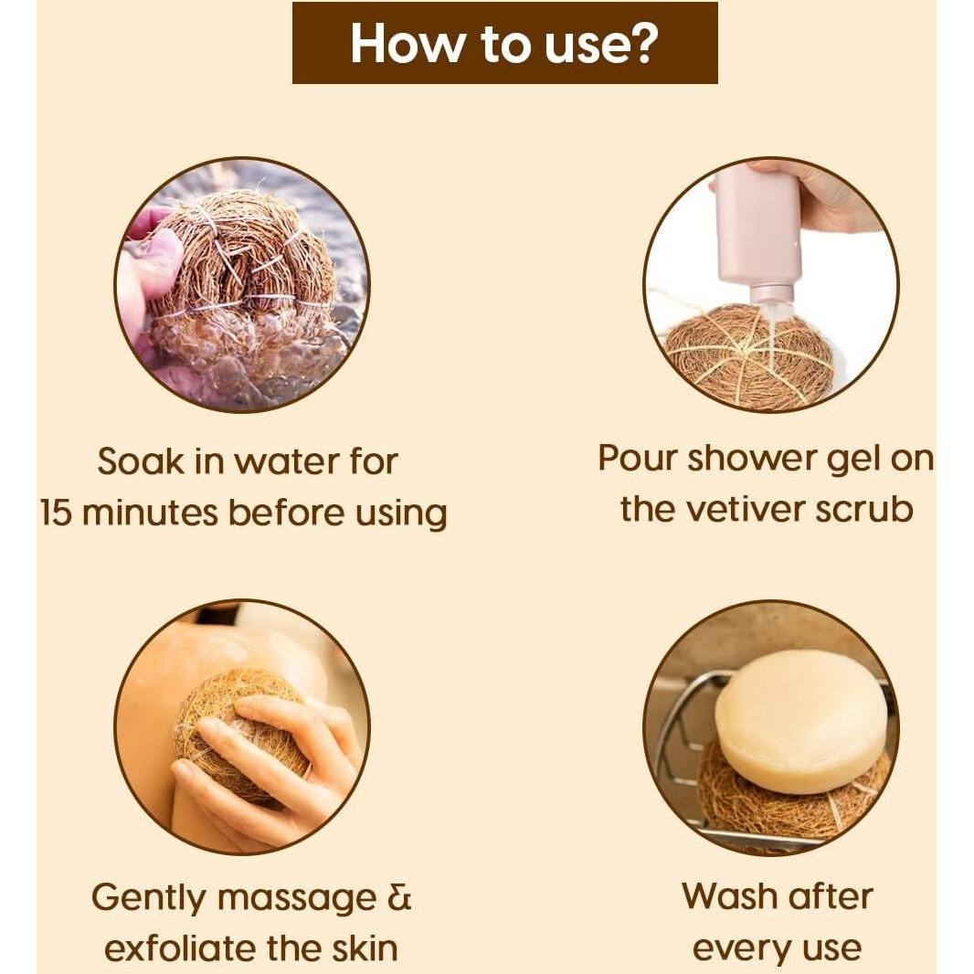 Orgo Dream Vetiver Scrub Natural Loofah Pad-Handmade Ayurvedic Kerala Ramacham Scrubber Made Of Khus Roots-Skin Exfoliating Organic Round Shower Loofah & Bath Sponge-Vegan Body Brush (Pack Of 5)