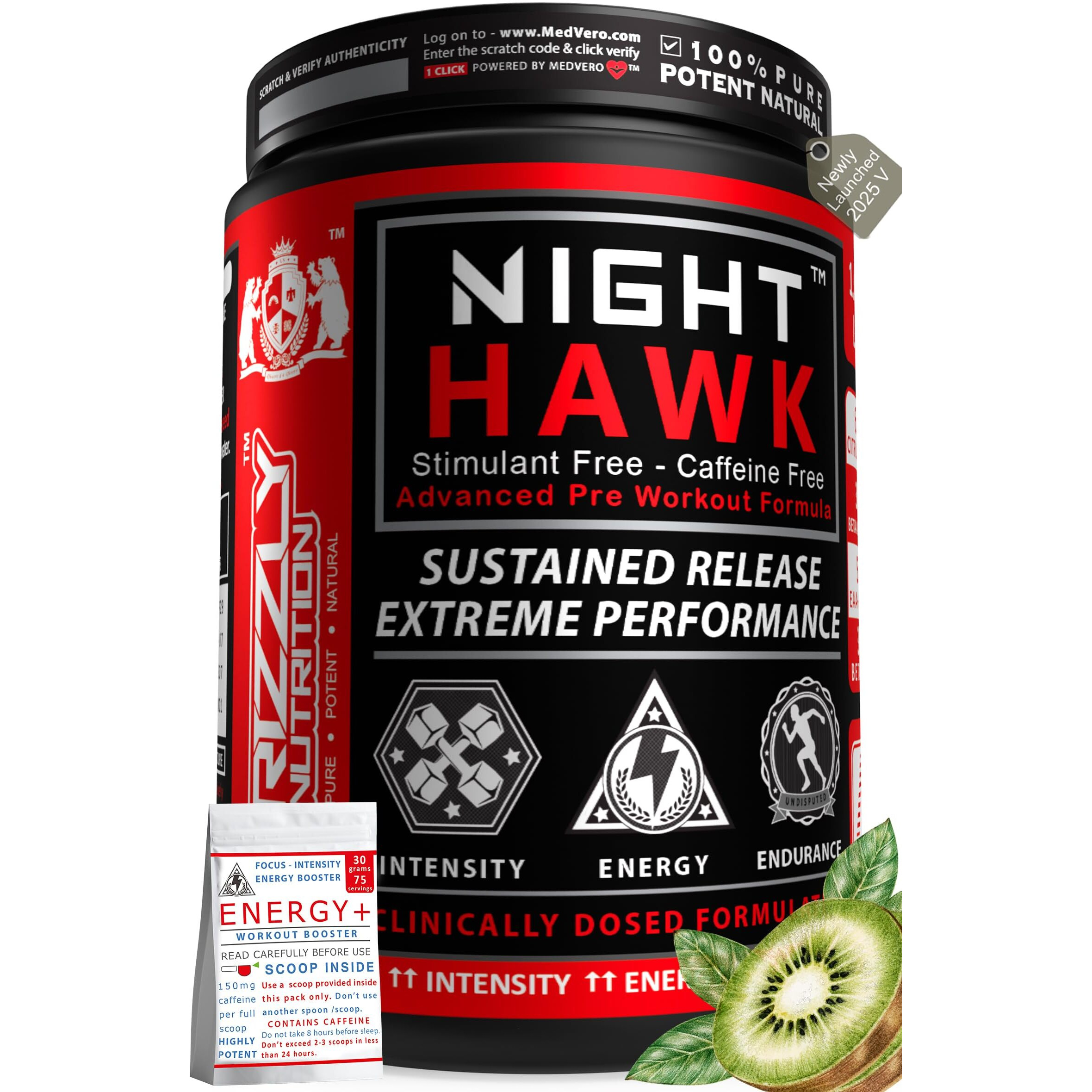 Grizzly Nutrition, Night Hawk 460Gr, Stimulant Free/No Caffeine Pre Workout/Intra, Specially Designed For Evening/Night Workout, Eaa-Citrulline +30 Nutrients, Kiwi, Extra 30Gr Energy Caffeine Pack
