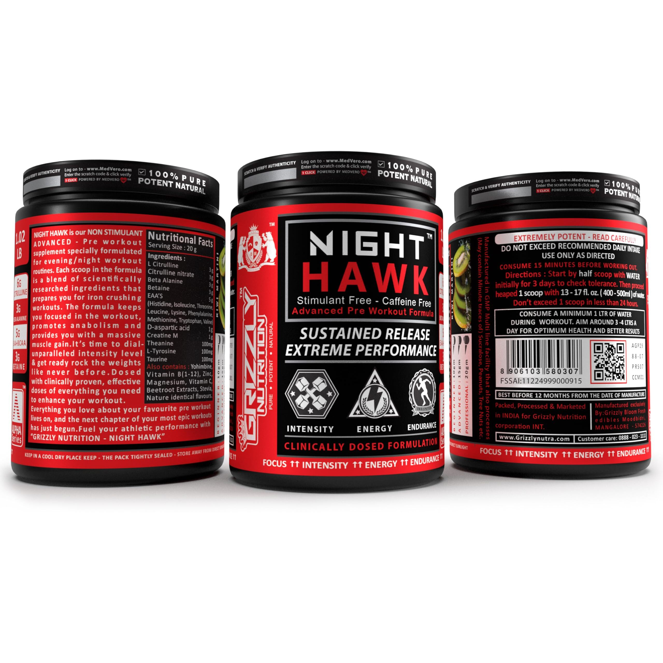 Grizzly Nutrition, Night Hawk 460Gr, Stimulant Free/No Caffeine Pre Workout/Intra, Specially Designed For Evening/Night Workout, Eaa-Citrulline +30 Nutrients, Kiwi, Extra 30Gr Energy Caffeine Pack