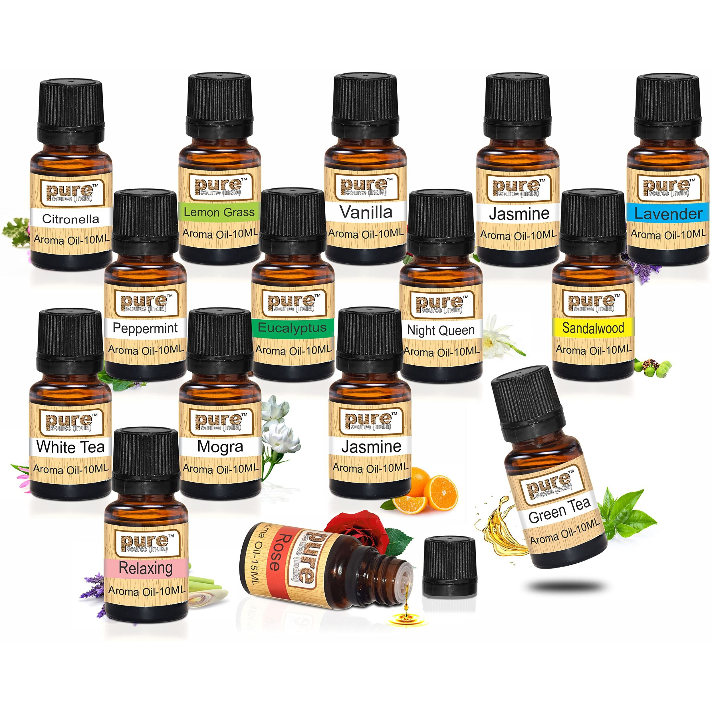 Pure Source India Essential Aroma Oil Combo Of 15 (Lemon Grass,Lavender,Jasmine,Rose,Sandal Wood,Mogra,Vanilla,Eucalyptus,Pippermint,Citronella,Orange,Night Queen,Green Tea & White Tea) 10 Ml Each