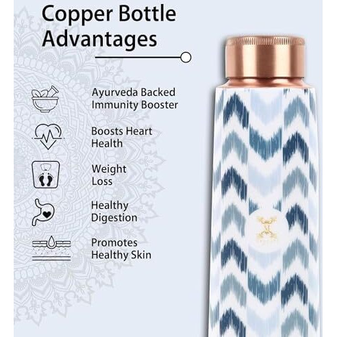 Mercape - Zigzag100% Pure Joint Less Copper Bottles For Water With Leak Proof Lid | Ayurveda Bpa Free & Non Toxic | Ayurvedic Office | Gym Yoga Bottle | Bottle For Health Benefits - 900Ml