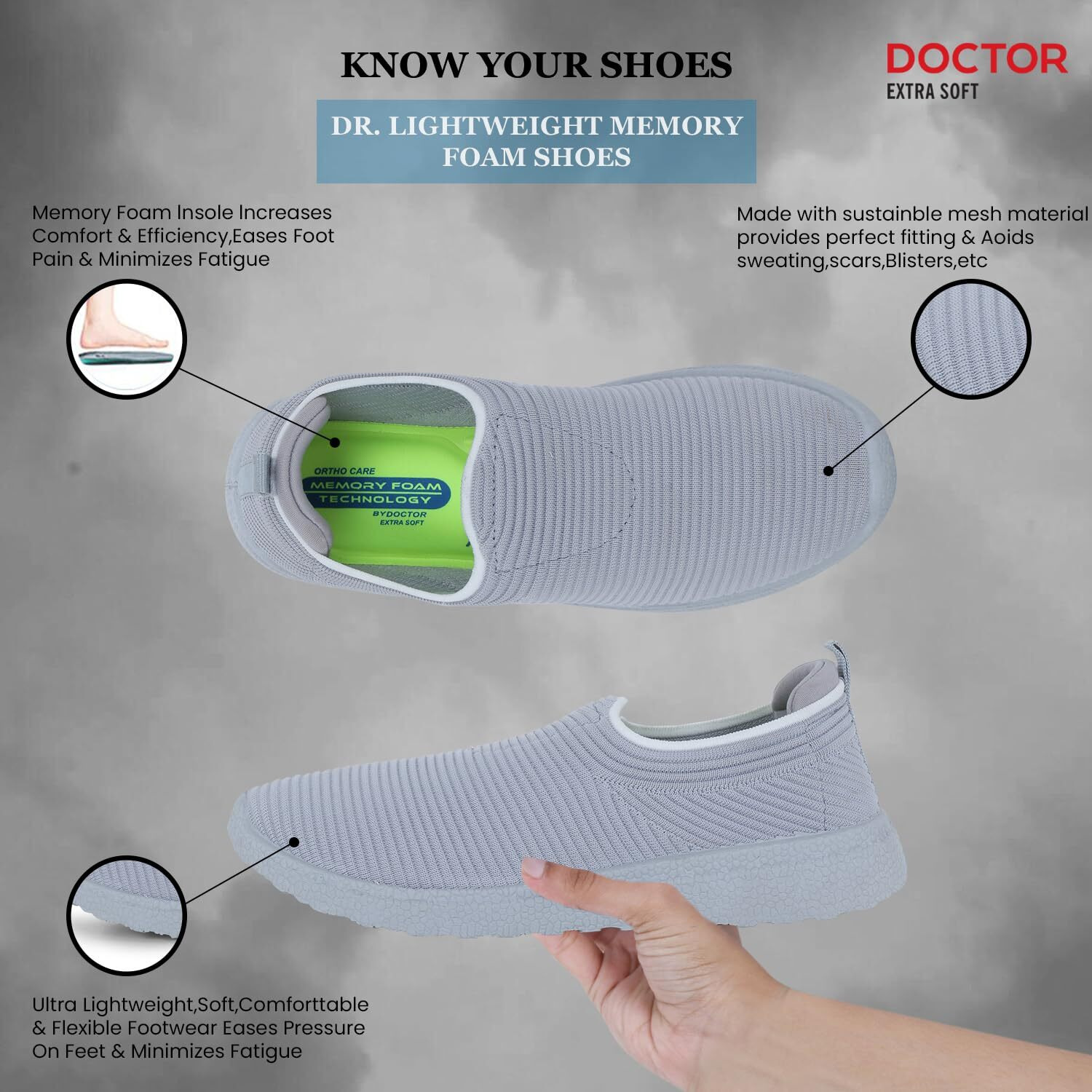 Doctor Extra Soft Lightweight Memory Foam Women's Shoes | Walking,Gym,Training,Running,Casual,Sports,Athletics|Slip-On,Loafers,Lace-Up,Sneaker For Ladies & Girls D-1004 - Grey