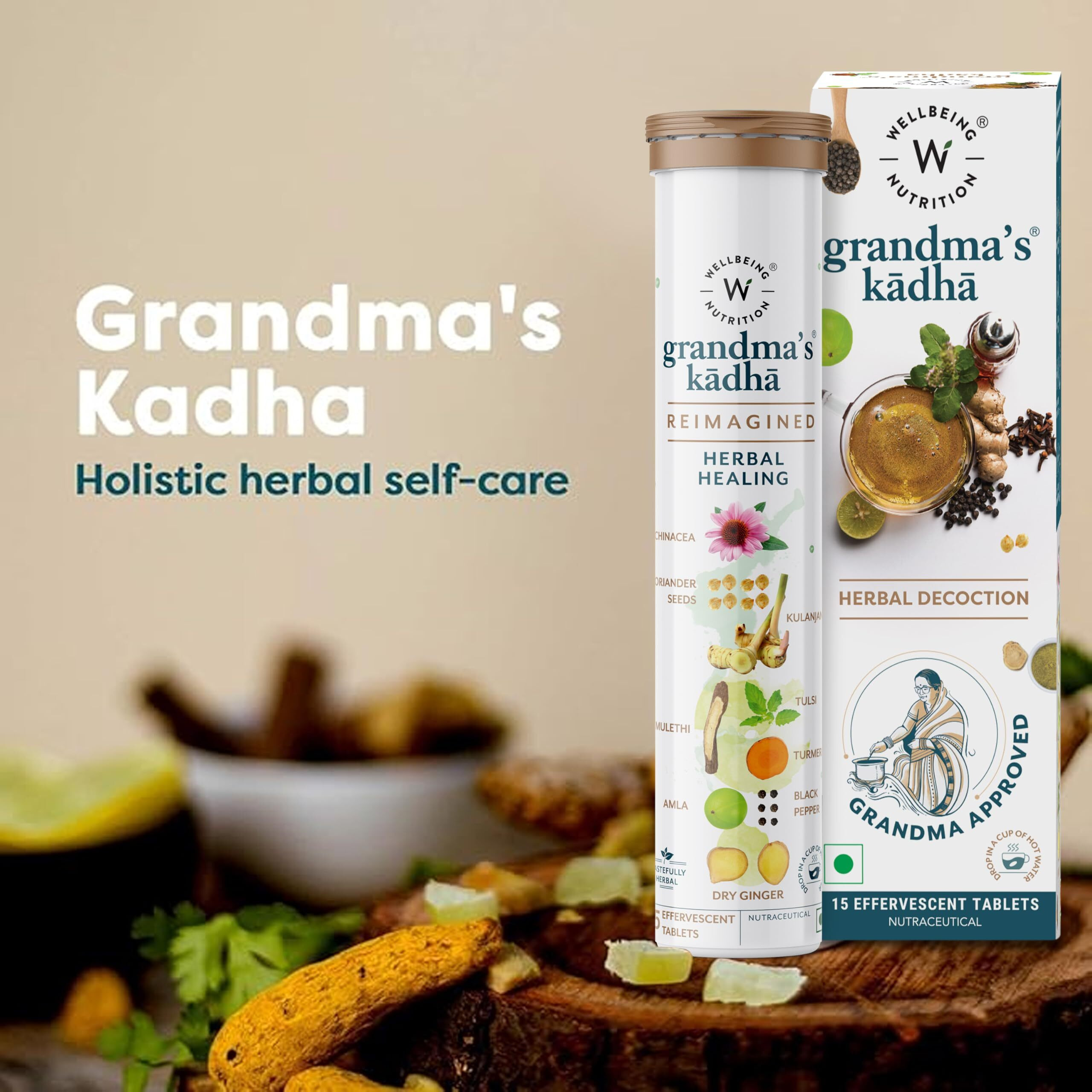 Wellbeing Nutrition Grandma's Kadha - Ayush Kwath Immunity Booster | Ayurvedic Kadha For Immunity, Cold, Cough, Sore Throat & Congestion | Immunity Boosters For Adults (15 Effervescent Tablets)