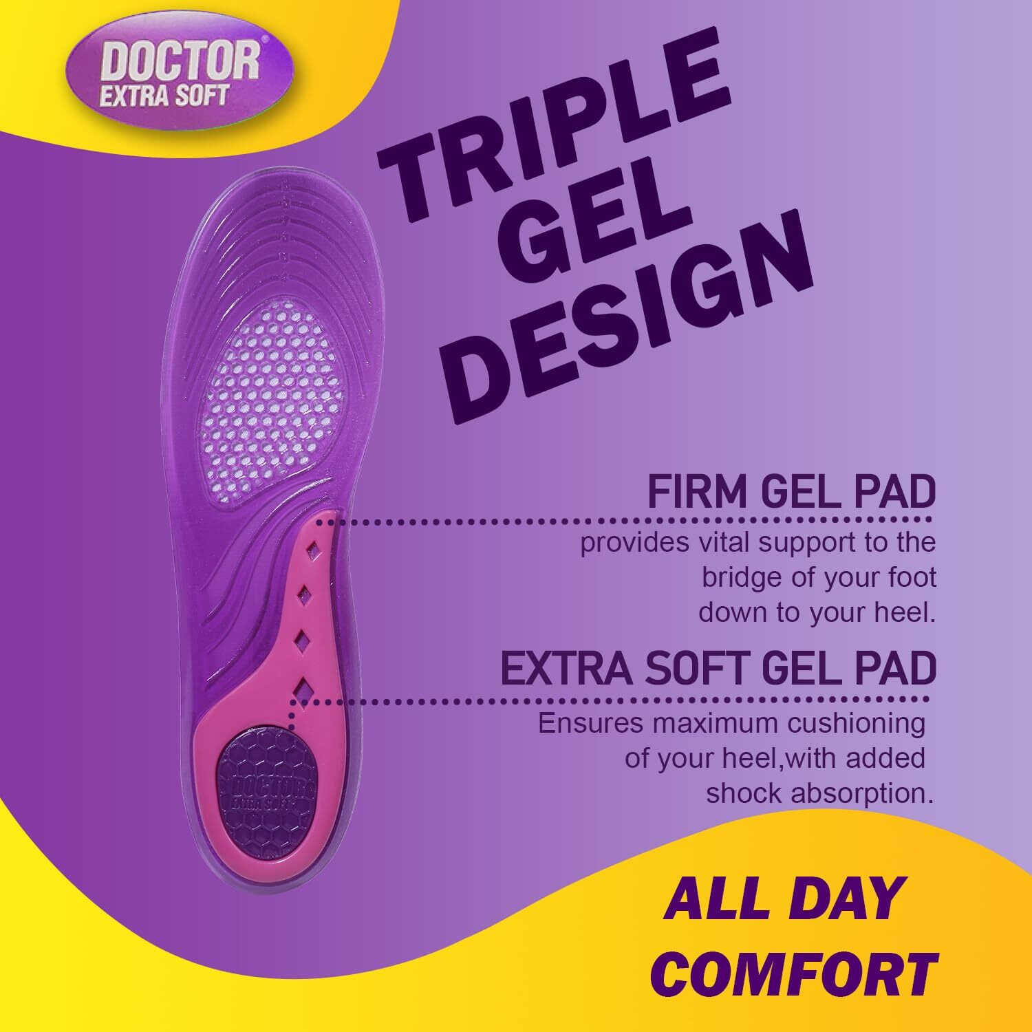 Doctor Extra Soft All Day Comfort Triple Gel Trimmable Heel Support Insoles| Orthotic & Plantar Fasciitis| Breathable Heavy Duty Shock Absorption Cushion Sports Shoe Inserts For Women's Size 4-10 Uk