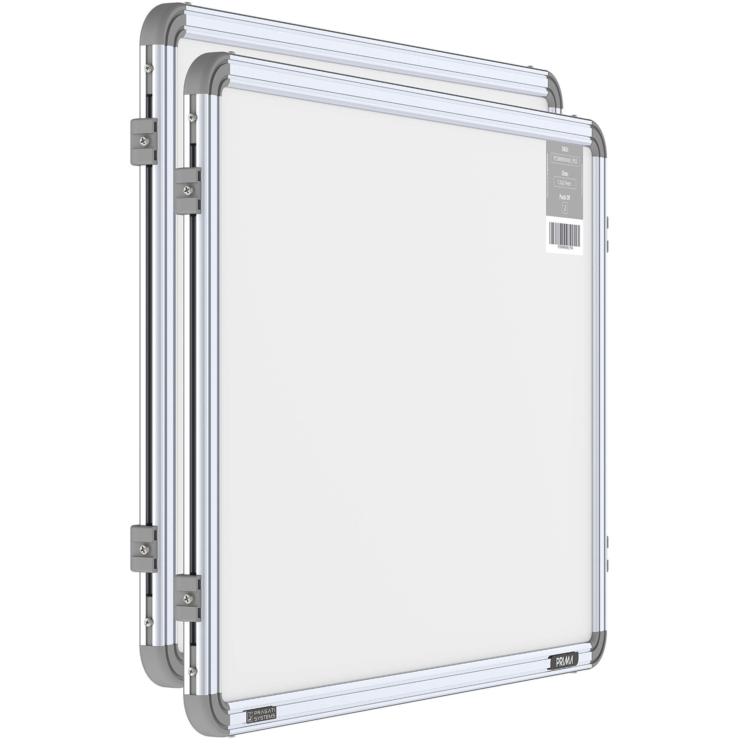Pragati Systems Prima Ceramic Steel (Magnetic) White Board for Kids, Home & Kitchen with Heavy-Duty Aluminium Frame | Scratch-Proof & Corrosion-Proof Surface | Small Size 1.5x2 Feet (Pack of 2)