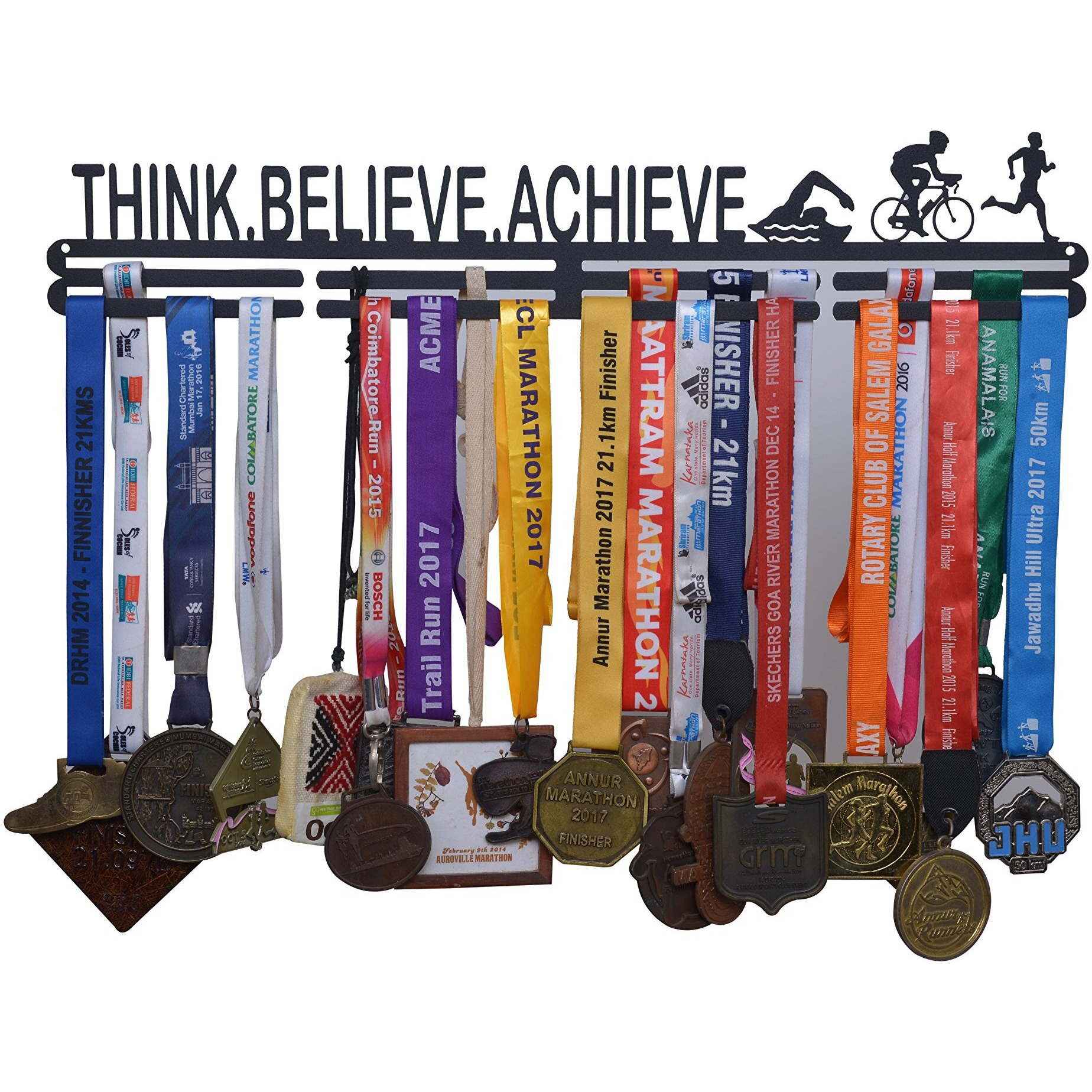 RUNWYND Think Believe Achieve Medal Hanger - Black Wall Medal Holder (56 cm x 9 cm) | Wall Medal Display for 40+ Medals. Medal Stand for Cycling, Swimming, Running, Triathlon.