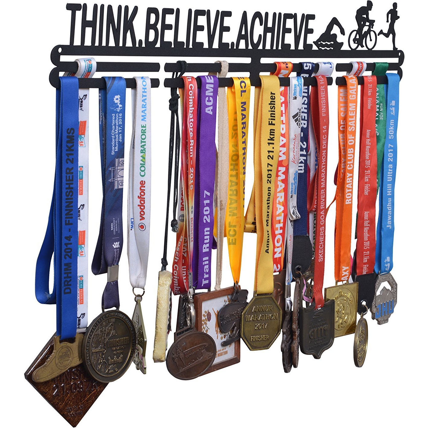 RUNWYND Think Believe Achieve Medal Hanger - Black Wall Medal Holder (56 cm x 9 cm) | Wall Medal Display for 40+ Medals. Medal Stand for Cycling, Swimming, Running, Triathlon.