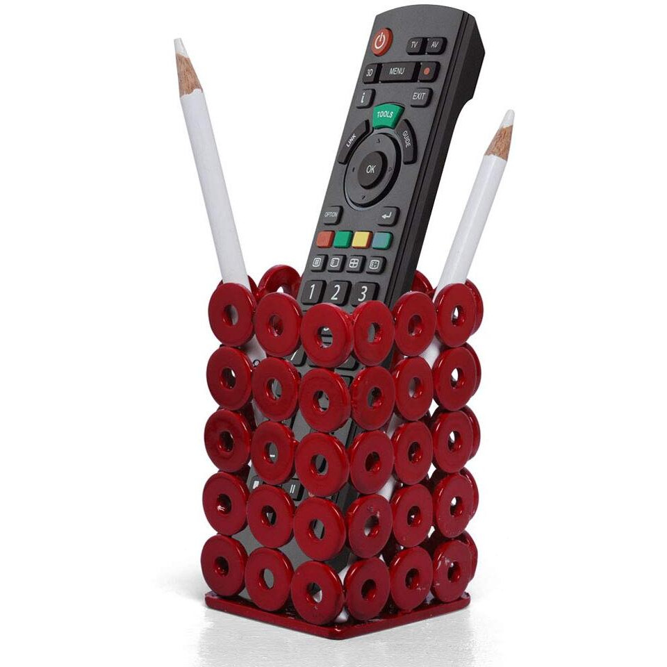 Upcycle Welded Art 'Pen/Remote/Spoon/Fork Stand' (Red) Unique Quirky Recycled Handmade Desktop Organiser for Study Office Work Station Studios Gifting
