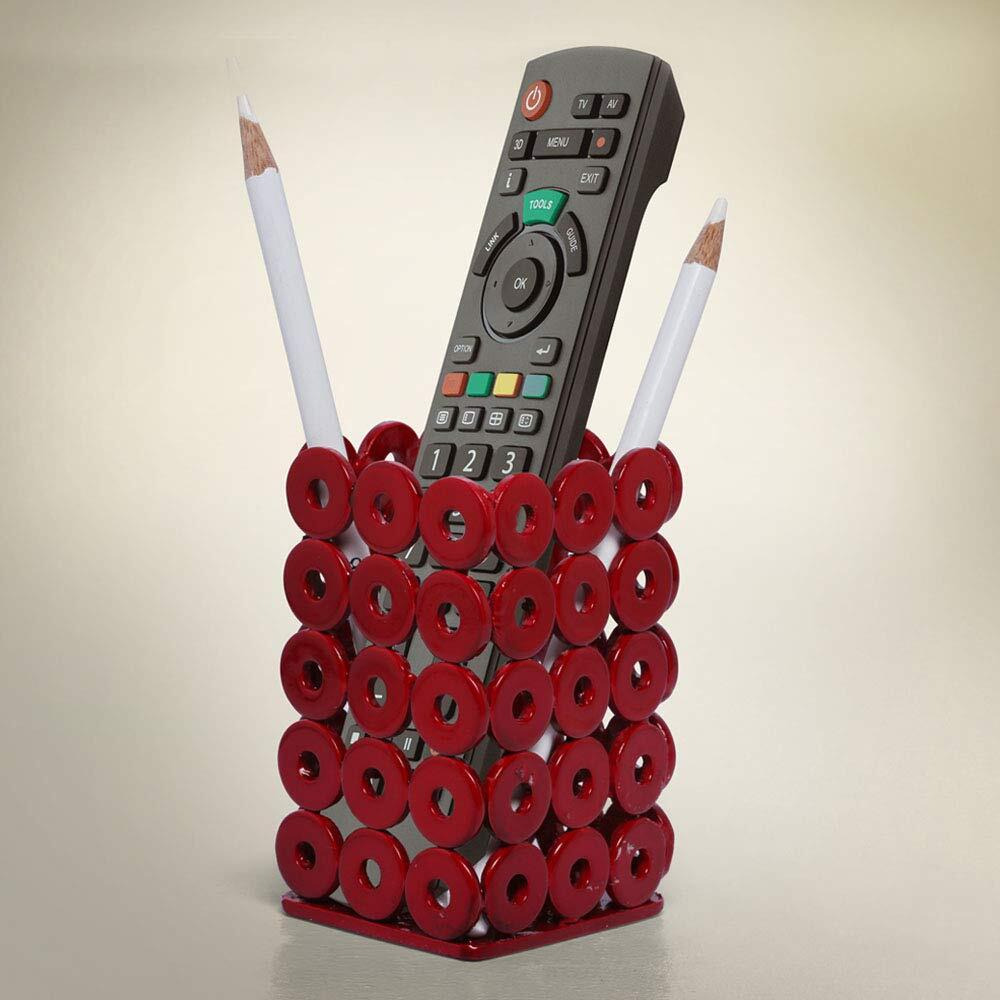 Upcycle Welded Art 'Pen/Remote/Spoon/Fork Stand' (Red) Unique Quirky Recycled Handmade Desktop Organiser for Study Office Work Station Studios Gifting