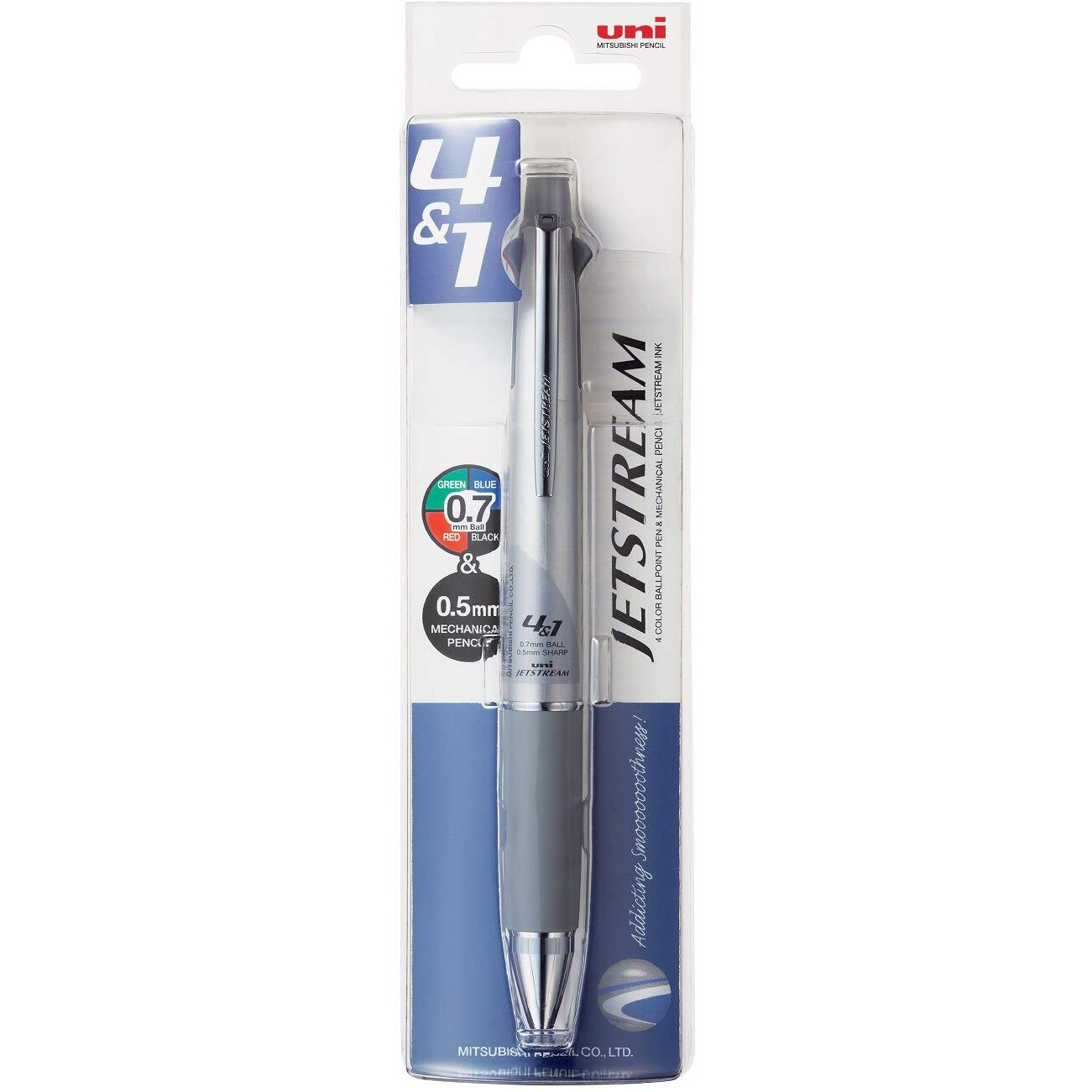 uni-ball Jetstream MSXES-1000 0.7mm 4 Color multifunctional Ball Point Pen With 0.5mm Mechanical Pencil & 0.5 HB Lead | Black, Blue, Red & Green Ink, Silver Body, Pack of 1