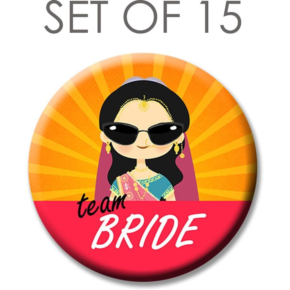 exciting Lives - Team Bride - Ladkiwale Wedding Badges Gift for Team Bride, Ladki Wale Wedding Season Gift, Reception - 5.5cm - Set Of 15