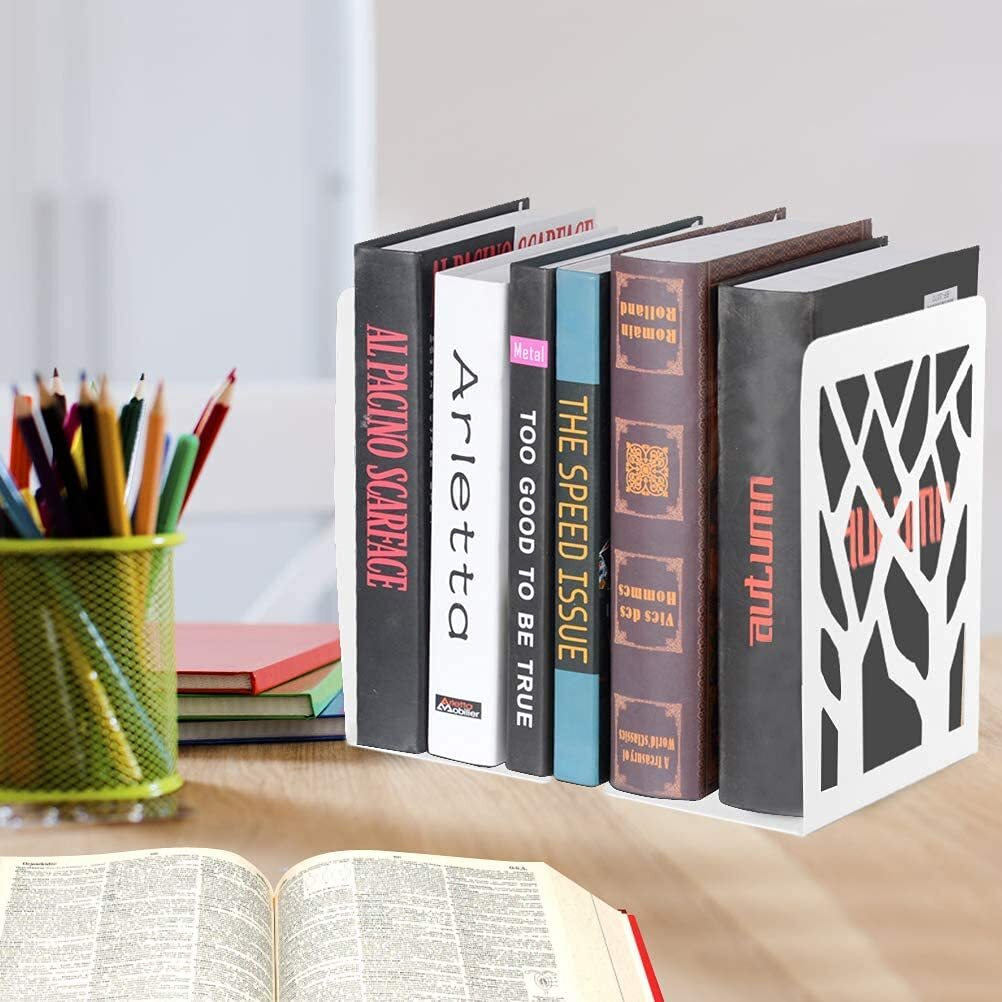 Snazzy Metal Bookend Book Ends for Shelves, Bookends for Office, Book Ends for Heavy Books, Book Shelf Holder Stand Home Decorative Metal Bookend Supports, Book Stoppers, White(4 Pairs) (Set of 4)