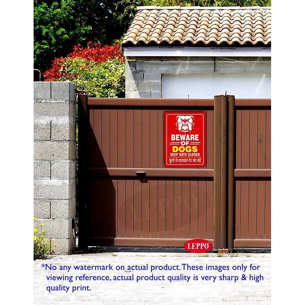 LEPPO Beware of Dogs Keep Gate Closed English Hindi Language Essential Safety Warning Sign Self Adhesive Laminated Poster Use for Home & Many More Places (9 X 12 inch) - Combo Pack (4 Pc Qty, Red)