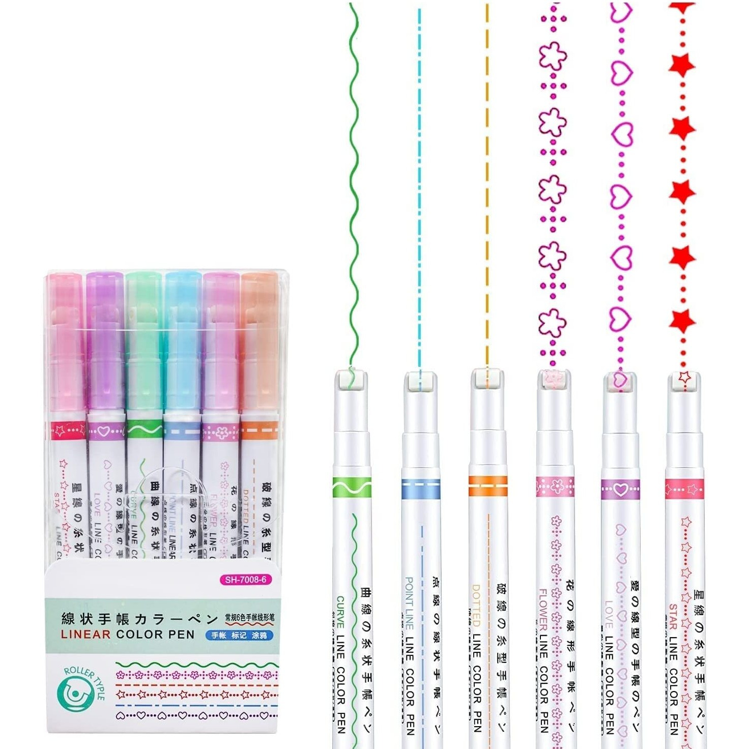 AGUDO flownwing flair curve highlighter pen 6 pcs set,underline marker pen with Heart Flower Curve Dotted Line Slash Dot pattern for kids girls drawing marking painting(multicolour/1set)