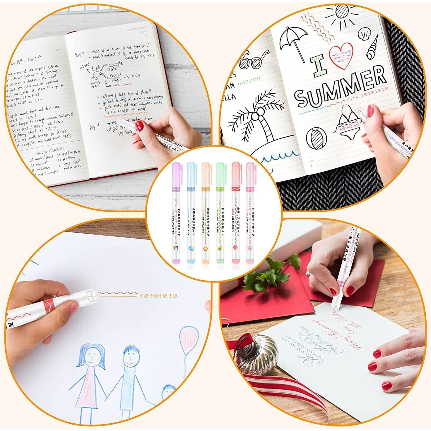 AGUDO flownwing flair curve highlighter pen 6 pcs set,underline marker pen with Heart Flower Curve Dotted Line Slash Dot pattern for kids girls drawing marking painting(multicolour/1set)