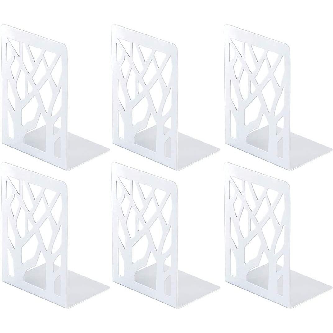 Snazzy Metal Bookend Book Ends for Shelves, Bookends for Office, Book Ends for Heavy Books, Book Shelf Holder Stand Home Decorative Metal Bookend Supports, Book Stoppers, White(3 Pairs) (Set of 6)