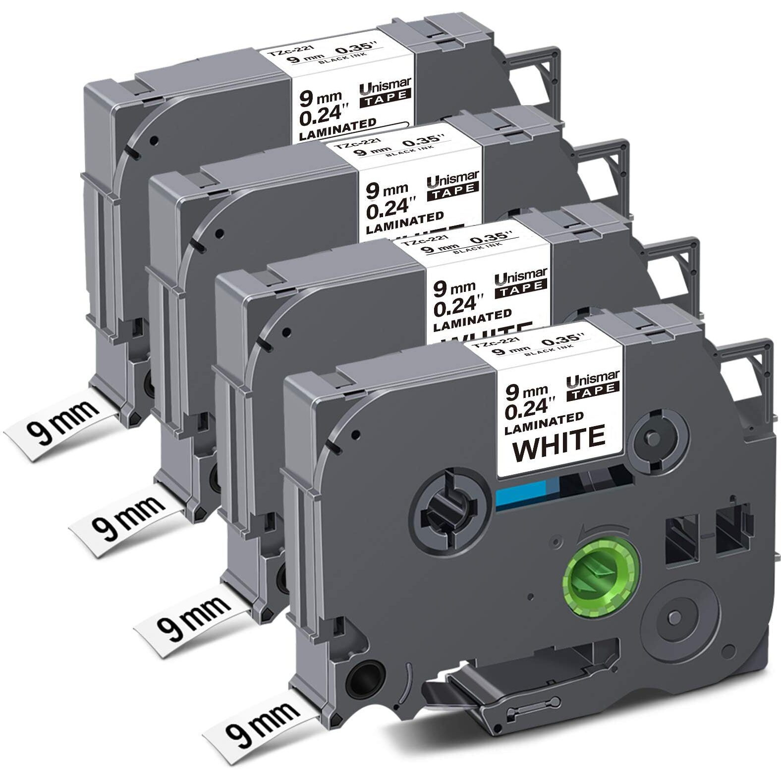 Unismar Compatible Label Tape Replacement for TZe-221 TZ221 Tz Tape 9mm for PT-D200 PT-D210 PT-D600 PT-D400 PT-H100 PT-H110 PT-1280 Label Maker, 3/8in x 26.2ft, Black on White, 4-Pack
