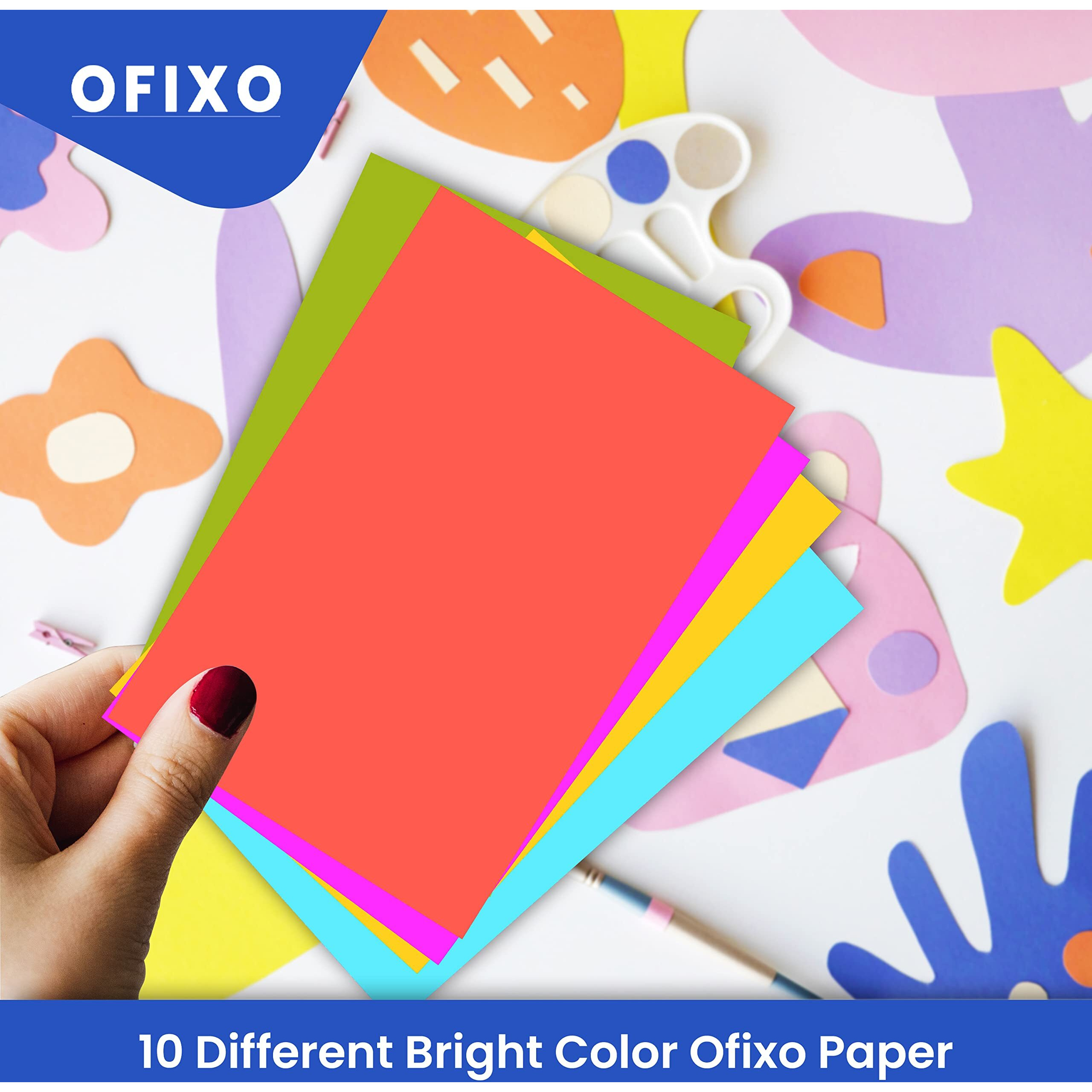 OFIXO A4 50 Coloured Sheets (10 Sheets each color) Copy Printing/Art and Craft Fluorescent Paper Double Sided Coloured Office/School Stationery