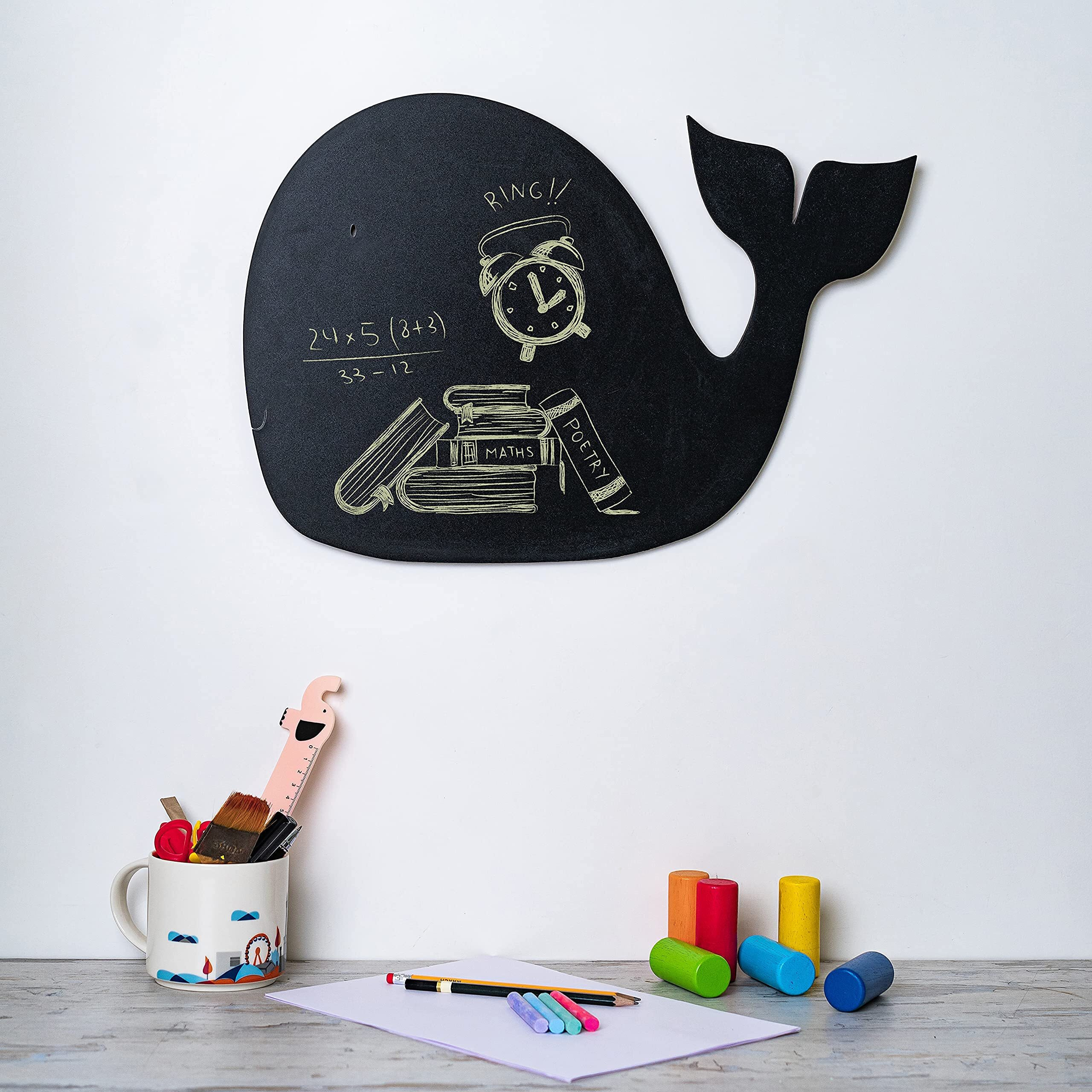 IVEI Wooden Whale Shaped Black Board for Kids - Mini Black Slate Board for Kids' Learning - Chalkboard for Decoration - Kids Black Board with Chalk & Duster for Drawing & Writing (10 Chalks)
