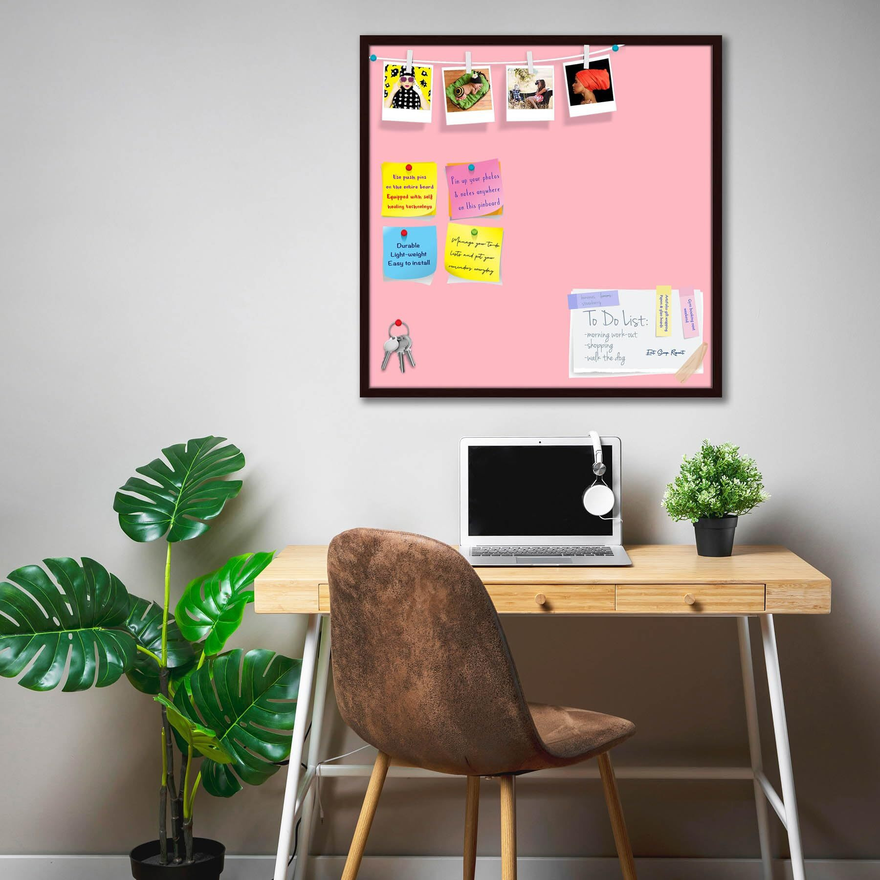 ArtzFolio Pinks Family Light Pink Colour | Bulletin Board Notice Pin Board | Vision Soft Board Combo with Thumb Push Pins & Sticky Notes | Dark Brown Frame | 16 x 16 inch (41 x 41 cms)