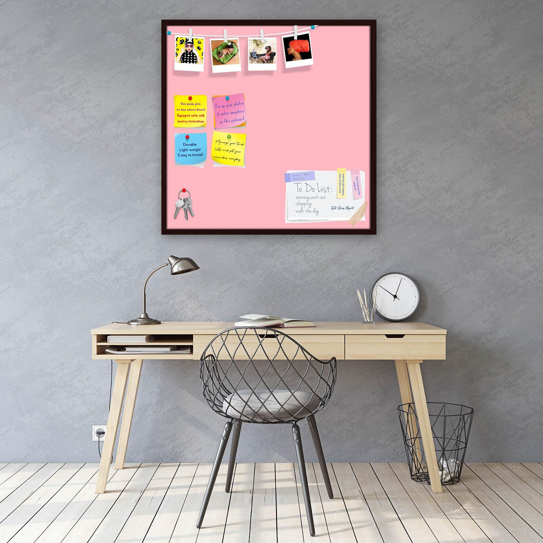 ArtzFolio Pinks Family Light Pink Colour | Bulletin Board Notice Pin Board | Vision Soft Board Combo with Thumb Push Pins & Sticky Notes | Dark Brown Frame | 16 x 16 inch (41 x 41 cms)