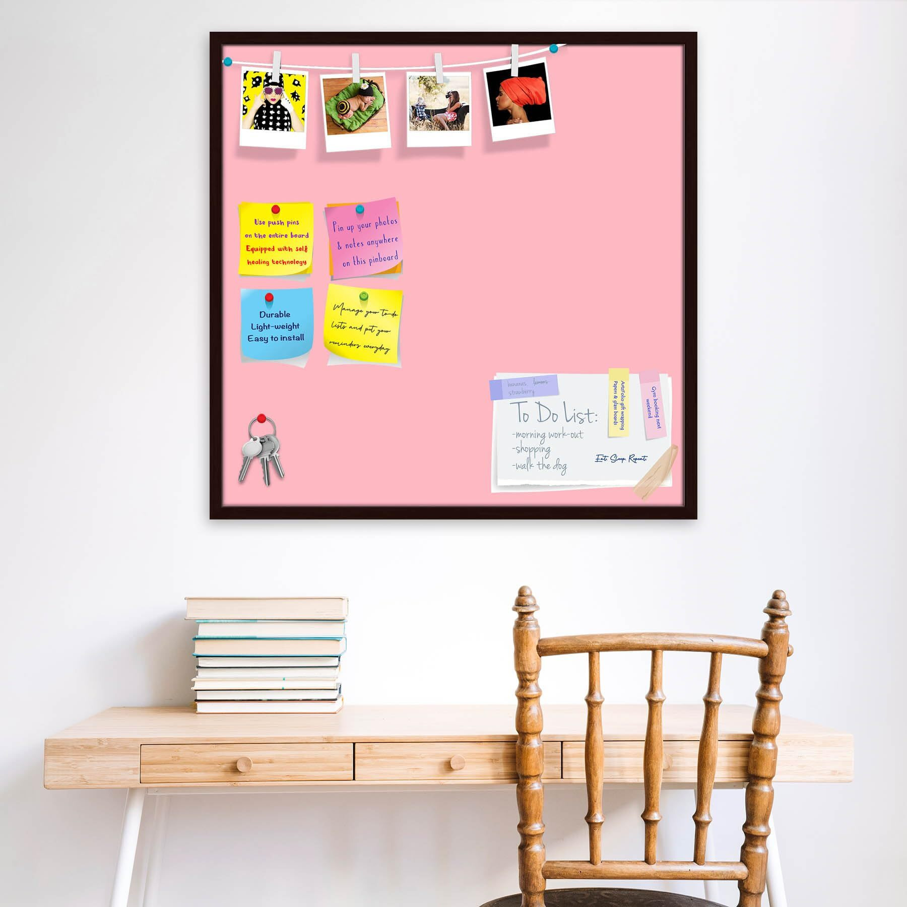 ArtzFolio Pinks Family Light Pink Colour | Bulletin Board Notice Pin Board | Vision Soft Board Combo with Thumb Push Pins & Sticky Notes | Dark Brown Frame | 16 x 16 inch (41 x 41 cms)
